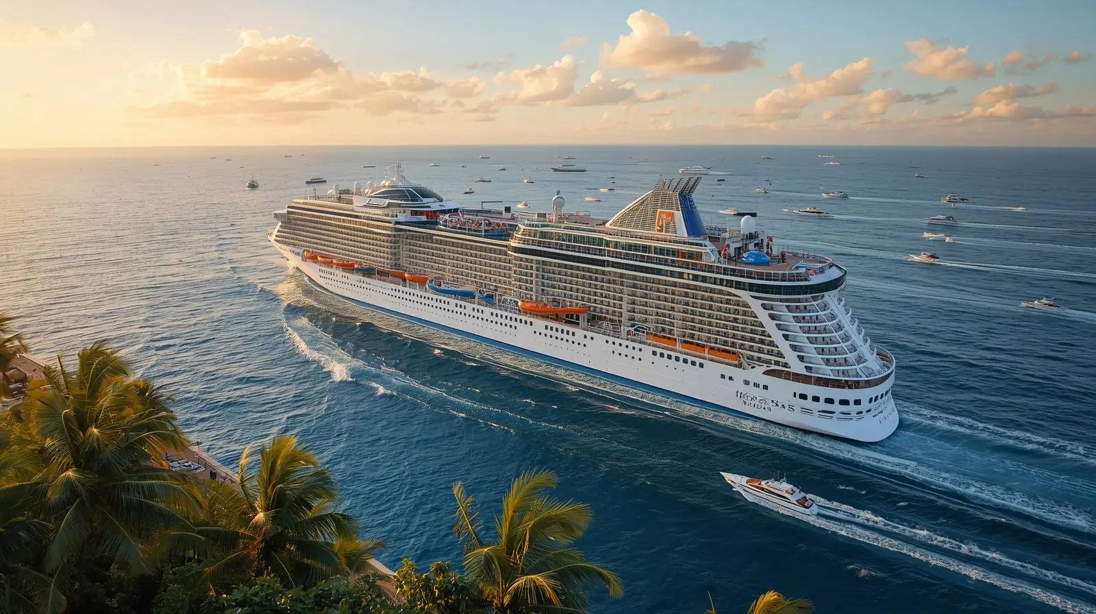 Aerial view of sister ships, including a massive cruise liner and nearby yachts, sailing out of a tropical harbor at sunset.