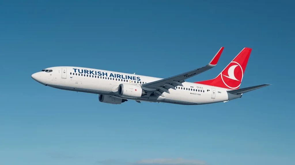 Side view of a Turkish Airlines Boeing 737 MAX airplane flying against a clear blue sky.