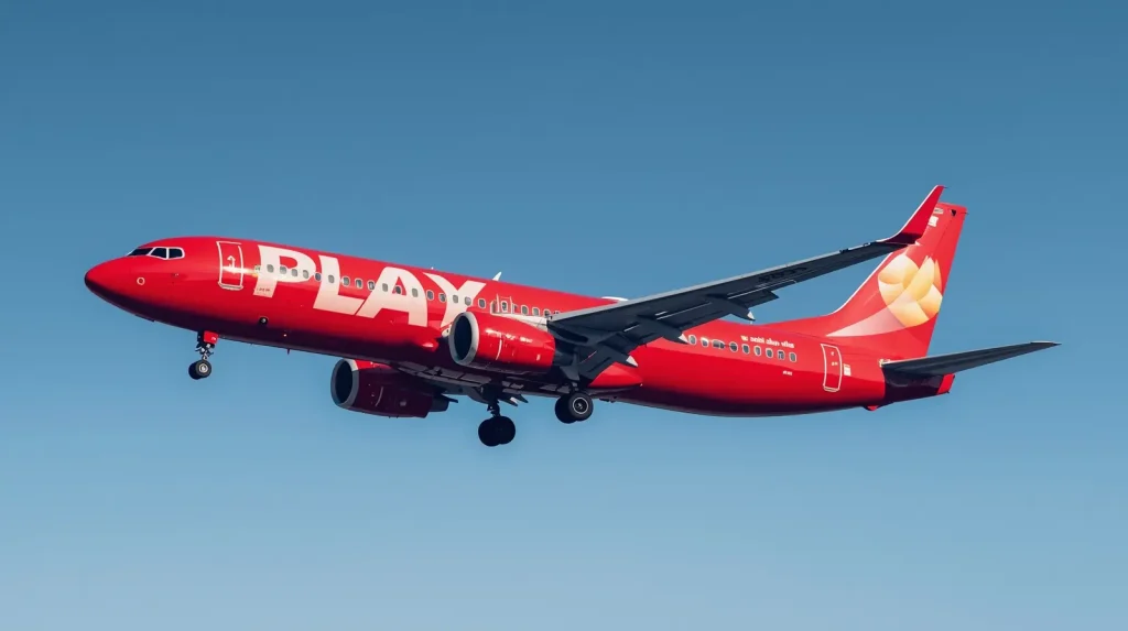 Bright Red Icelandic Airline PLAY Aircraft Approaching for Landing