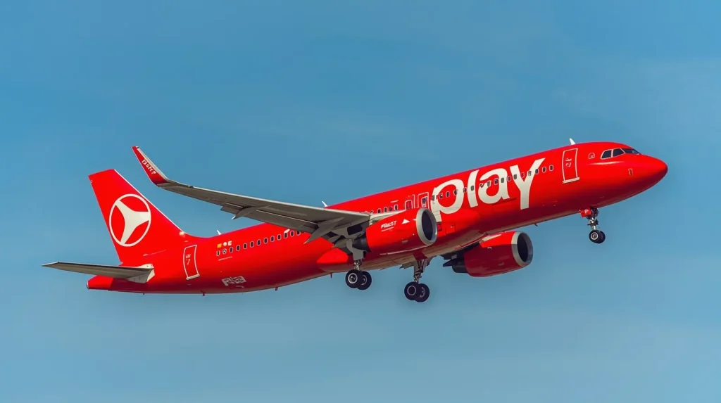 Icelandic Airline PLAY Jet Mid-Flight with Landing Gear Deployed