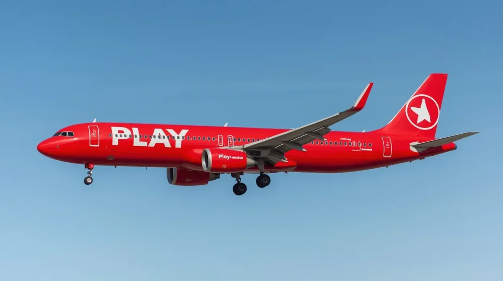 Icelandic Airline PLAY Aircraft in Flight Against Clear Blue Sky